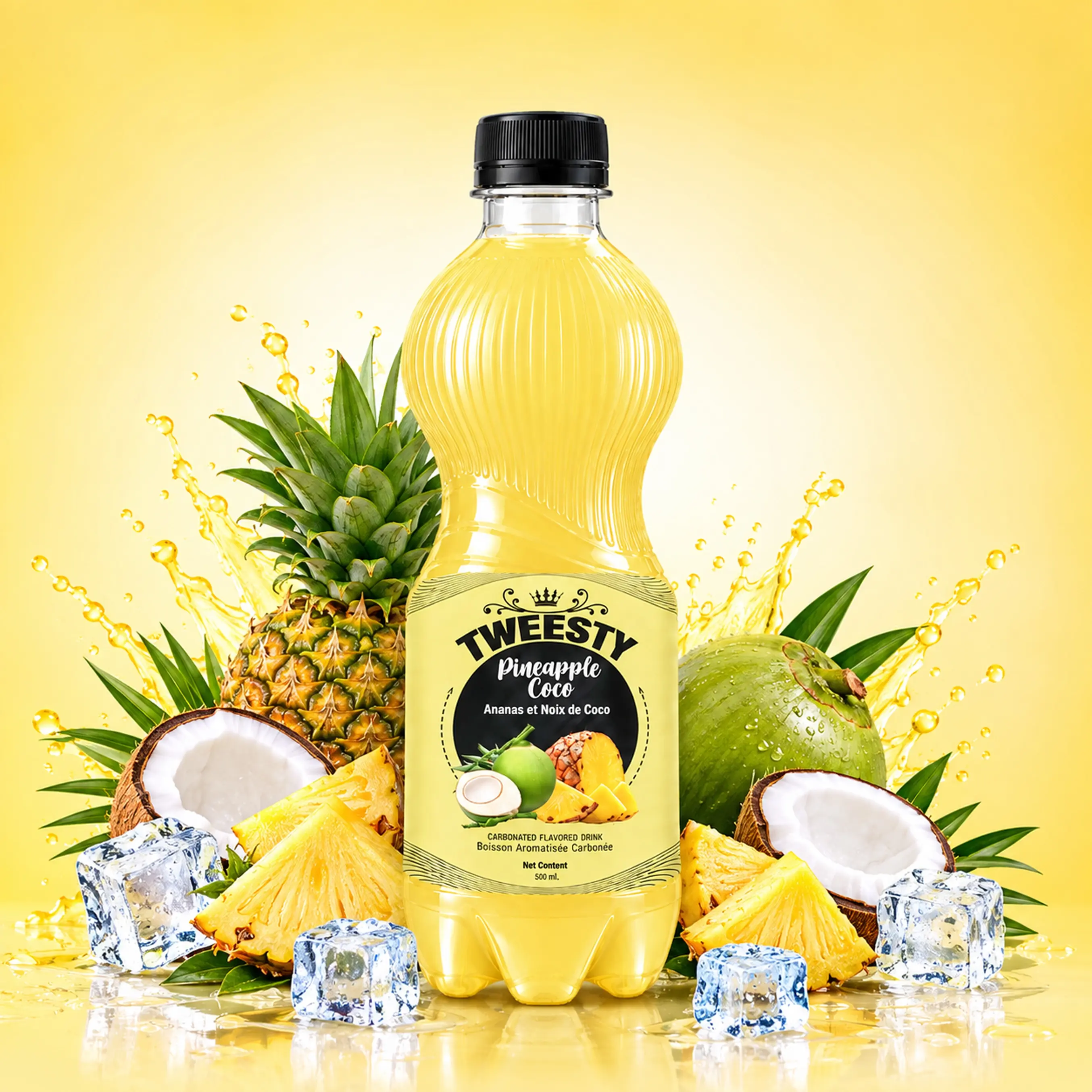 TWEESTY Pineapple Coco carbonated flavoured drink 500ml PET bottle with pineapple, coconut, ice and splash